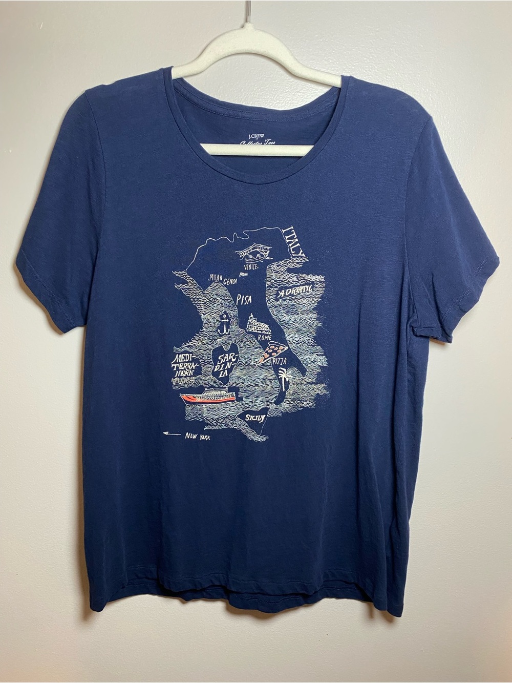 J Crew Navy and Cream Italy Graphic Tee with Sparkle XL EUC